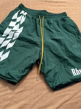 Rhude Green Athletic Track Warm Up  Shorts with Yellow Drawstring Streetwear